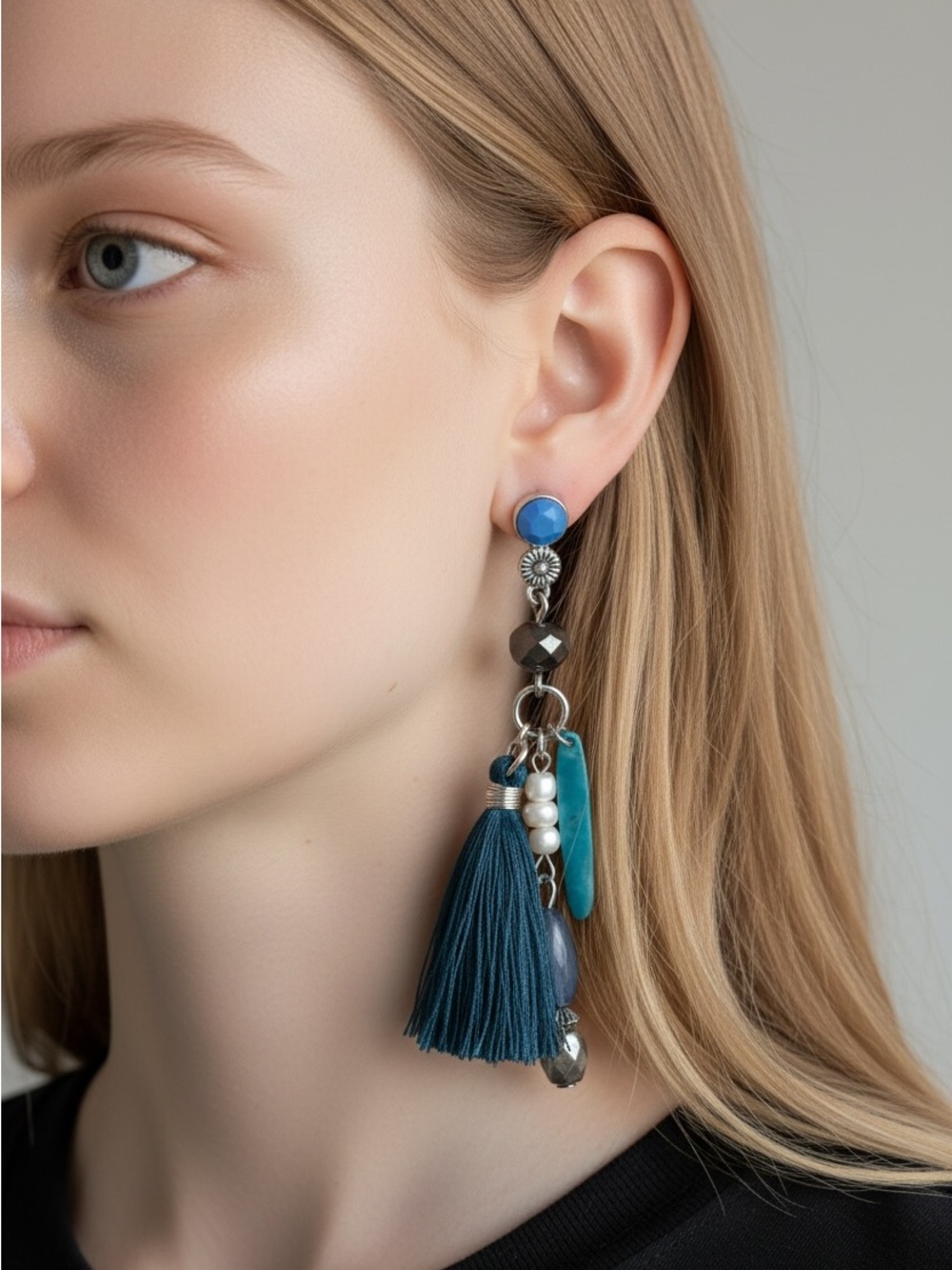 9/24 Blue Tassel Drop Earrings with Pearl Accents